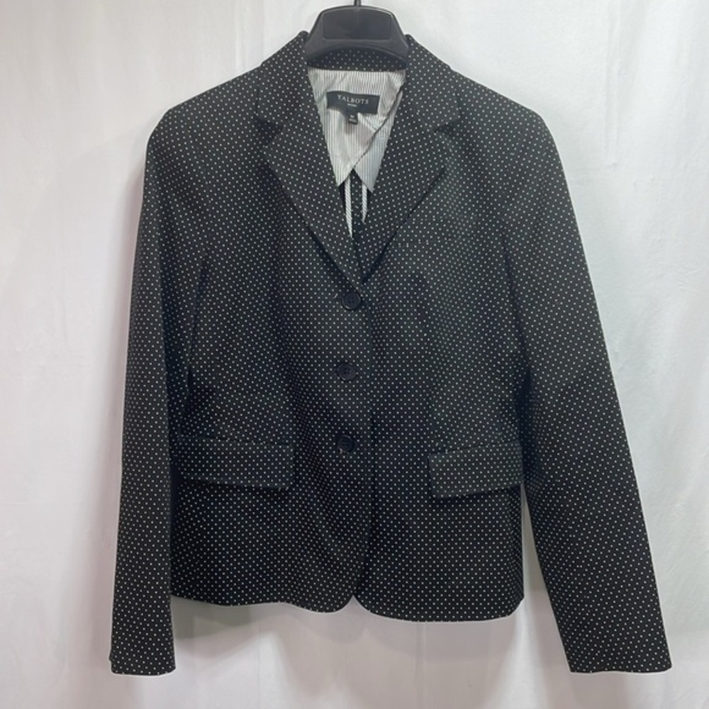 🦚 talbots black with white mini polkadots three button cotton blend blazer: